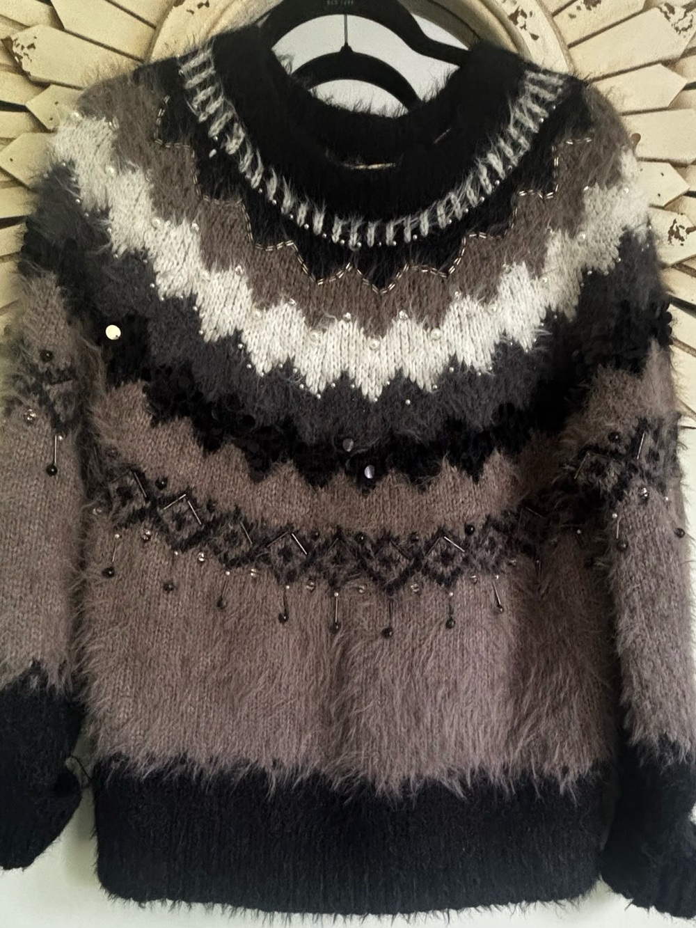 Anthropologie Sleeping On Snow Fuzzy Cashmere Blend Nordic Embellished Sweater